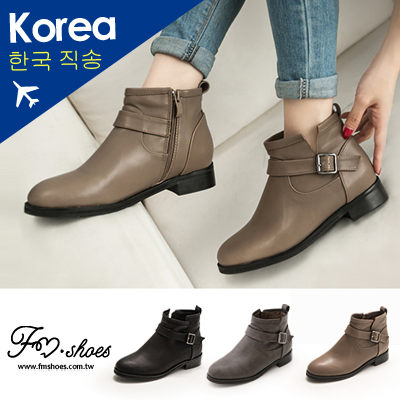靴．側剪裁皮帶扣低跟短靴-FM時尚美鞋-韓國精選．cheek
