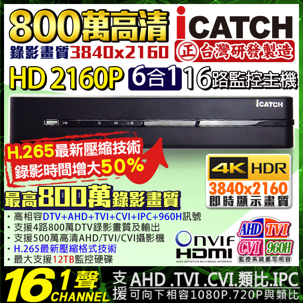 監視器攝影機 KINGNET 可取 iCATCH H.265 800萬 16路1聲監視器主機 DVR 2160P 支援DTV/AHD/TVI