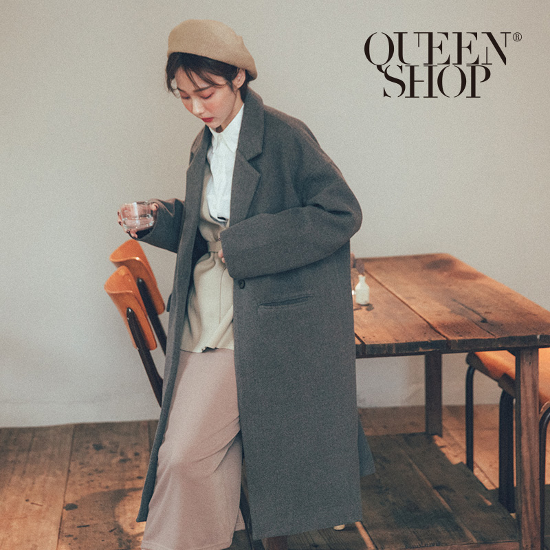 Ｑｕｅｅｎ Ｓｈｏｐ【02071209】毛呢單扣雙口袋長版大衣外套 兩色售＊現+預＊