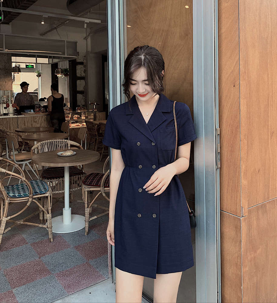 VK旗艦店 韓國風復古西裝雙排扣收腰顯瘦短袖洋裝