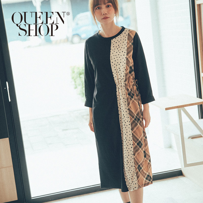 Ｑｕｅｅｎ Ｓｈｏｐ【01084764】點點拼接格紋色塊抽繩洋裝＊現+預＊