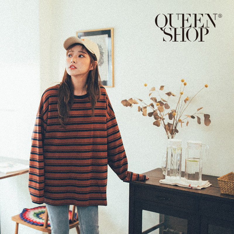 Ｑｕｅｅｎ Ｓｈｏｐ【01038182】咖啡條紋寬鬆長版上衣＊現+預＊