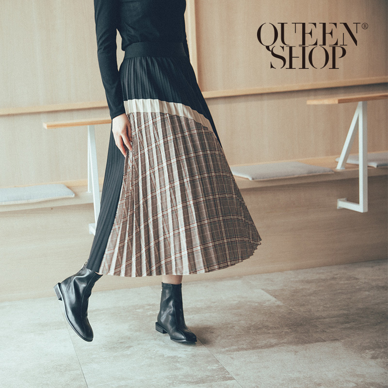 Ｑｕｅｅｎ Ｓｈｏｐ【03020587】配色格紋拼接百折長裙 S/M＊現+預＊