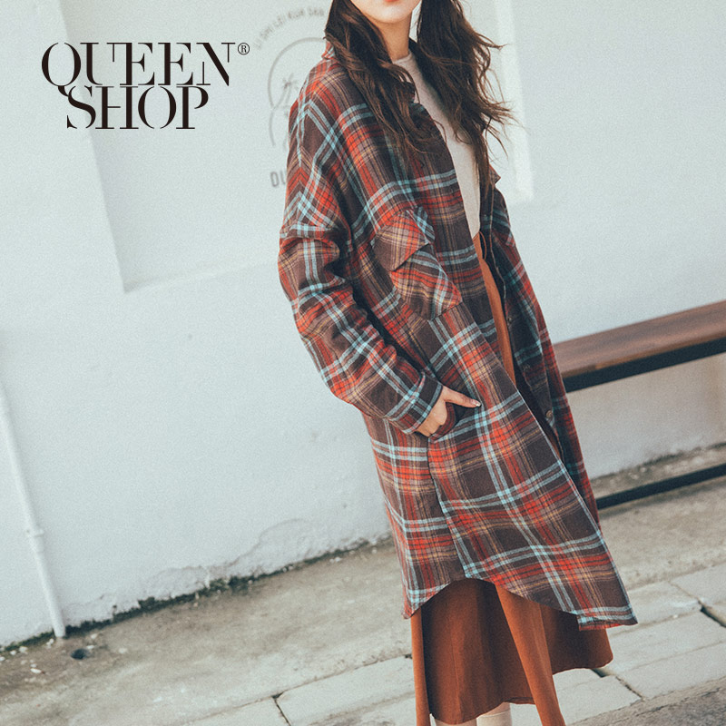 Ｑｕｅｅｎ Ｓｈｏｐ【01023608】咖紅配色格紋毛料長版襯衫＊現+預＊