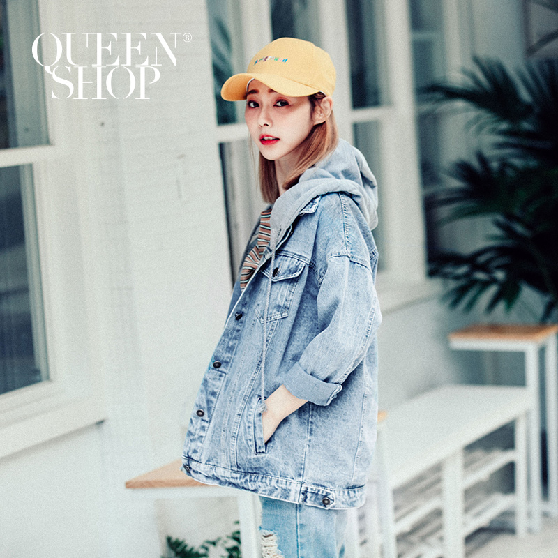 Ｑｕｅｅｎ Ｓｈｏｐ【02050214】配色車線拼接連帽牛仔外套＊預購＊