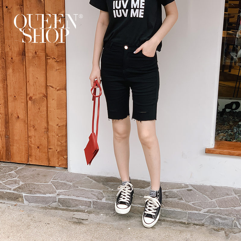 Ｑｕｅｅｎ Ｓｈｏｐ【04130071】素色割破合身五分褲 兩色售 S/M/L/XL＊現+預＊