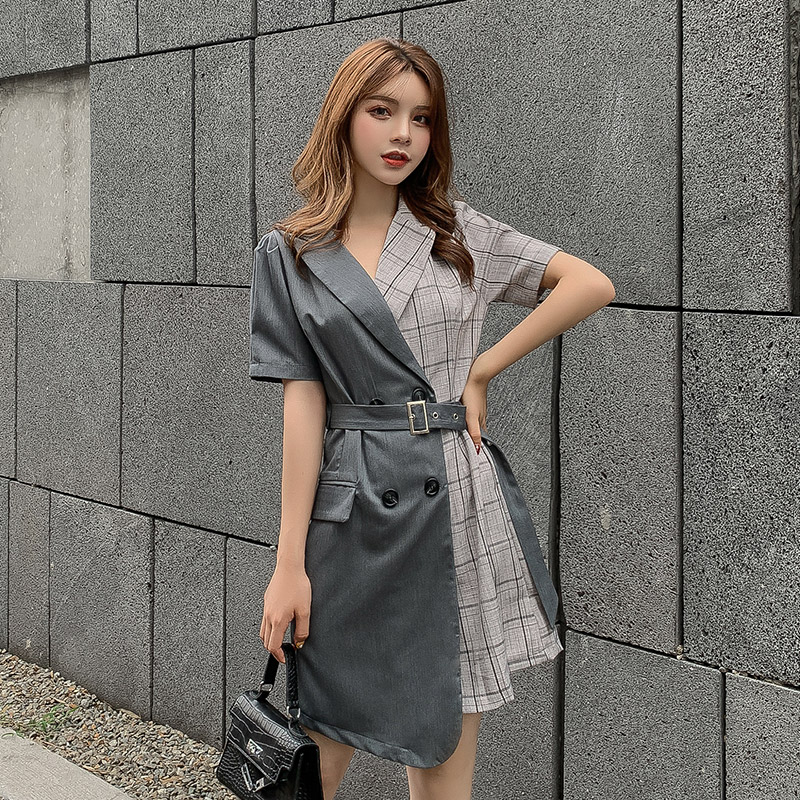 VK旗艦店 韓國風復古格紋拼接時尚短袖洋裝