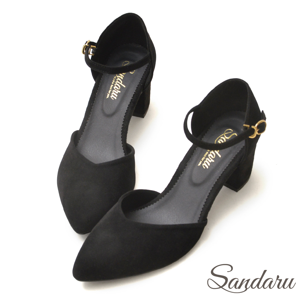 Sandaru山打努 甜美法式絨踝釦尖頭瑪莉珍鞋-黑