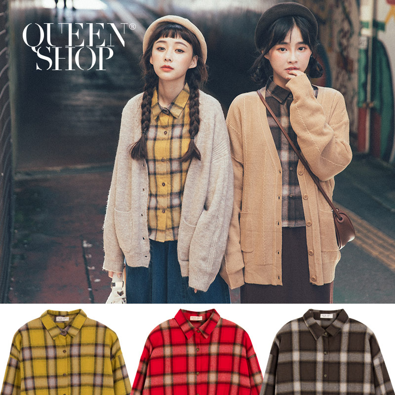 Ｑｕｅｅｎ Ｓｈｏｐ【01023539】配色格紋棉質長袖襯衫 三色售＊現+預＊