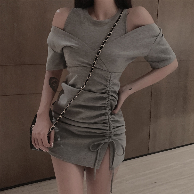 VK旗艦店 韓系時尚露肩假兩件氣質短袖洋裝