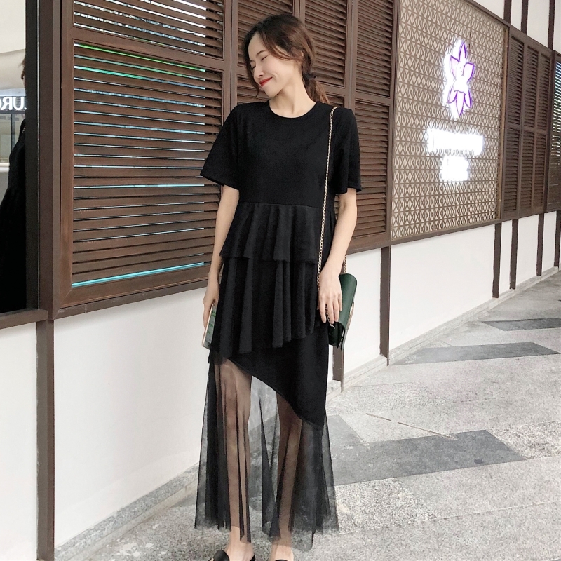 VK旗艦店 韓國風不規則拼接網紗顯瘦短袖洋裝
