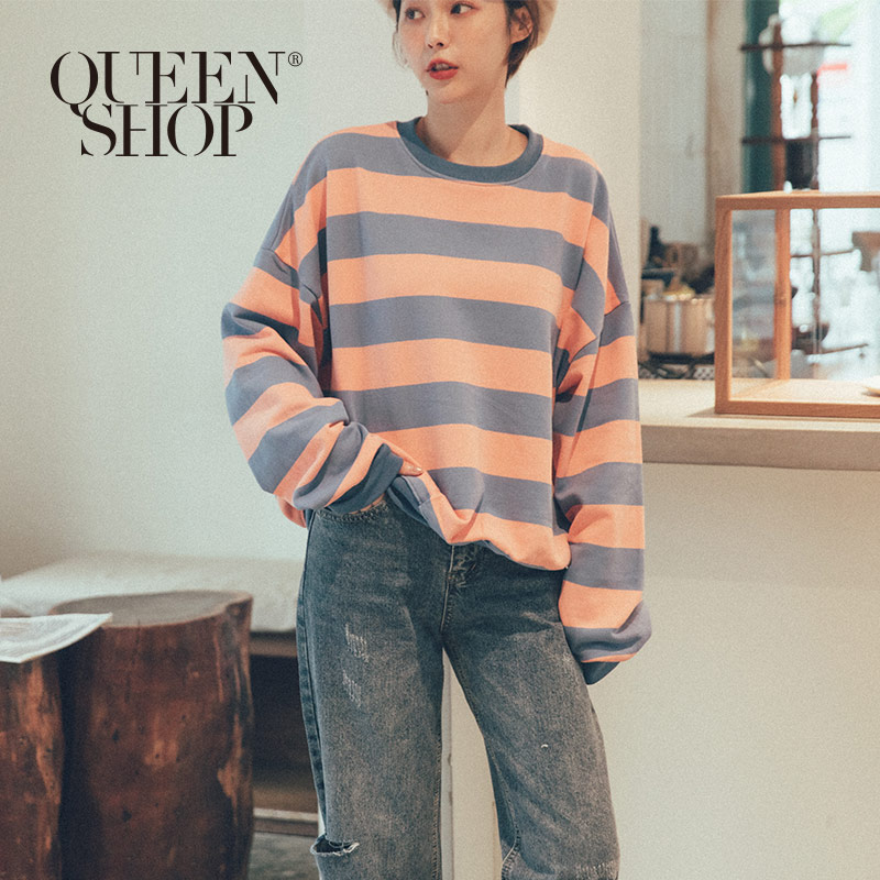 Ｑｕｅｅｎ Ｓｈｏｐ【01110410】繽紛配色條紋寬版長袖衛衣 兩色售＊現+預＊