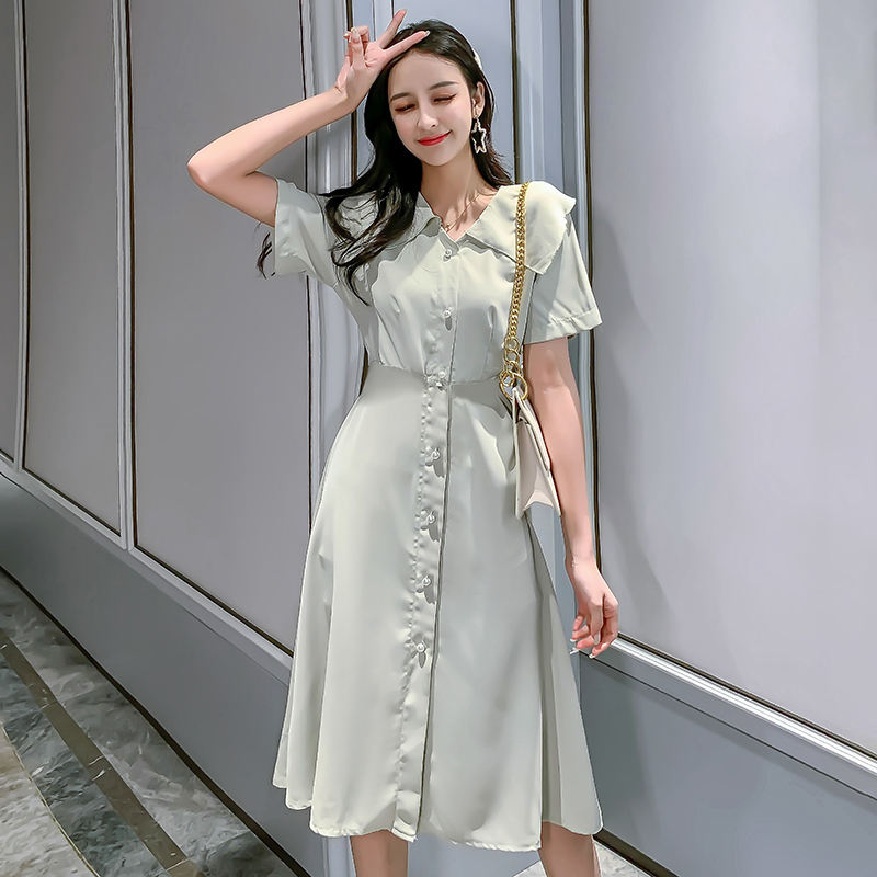 VK旗艦店 韓國風名媛素色翻領單排釦收腰長版短袖洋裝