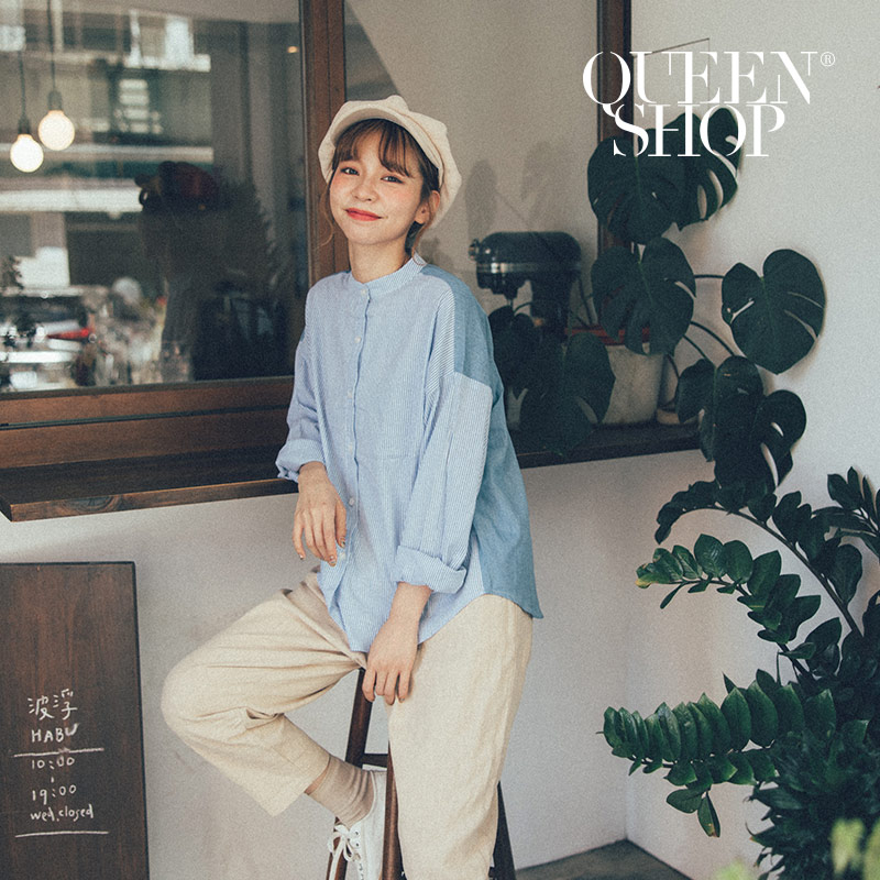 Ｑｕｅｅｎ Ｓｈｏｐ【01023524】條紋拼接牛仔造型中山領長袖襯衫＊現+預＊