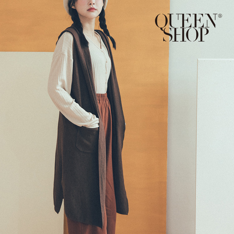 Ｑｕｅｅｎ Ｓｈｏｐ【01012378】休閒素面連帽針織背心外套 兩色售＊現+預＊