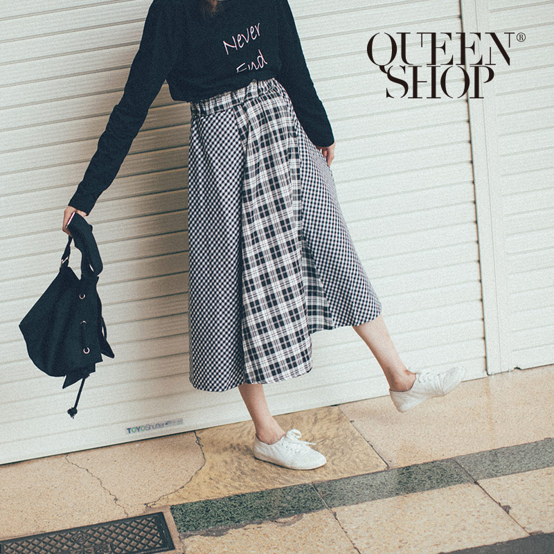 Ｑｕｅｅｎ Ｓｈｏｐ【03020554】大小拼接格紋造型長裙 兩色售＊現+預＊