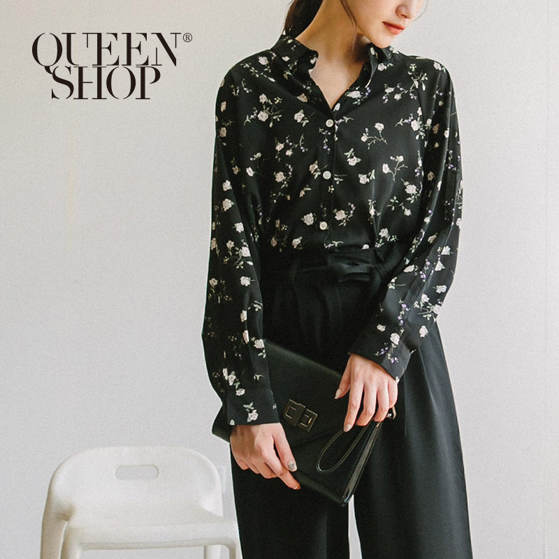 Ｑｕｅｅｎ Ｓｈｏｐ【01023501】滿版碎花前短後長雪紡襯衫 兩色售＊現+預＊