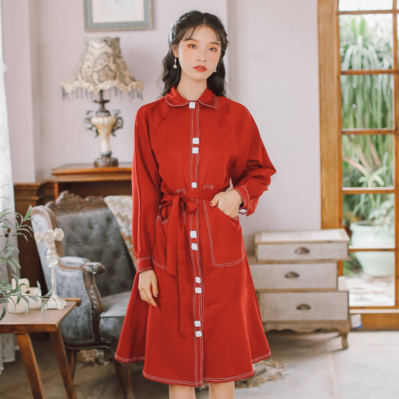 VK旗艦店 韓國學院風復古雙釦單排扣襯衫裙長袖洋裝