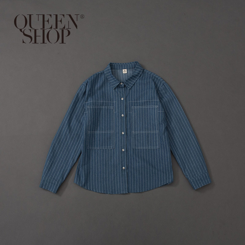 Ｑｕｅｅｎ Ｓｈｏｐ【01023468】壓線設計直紋牛仔襯衫 1/2/3/4＊現+預＊