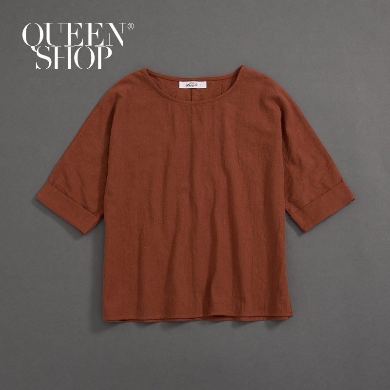 Ｑｕｅｅｎ Ｓｈｏｐ【01096351】女裝 親子系列 反摺袖棉麻上衣 兩色售 S/M＊現+預＊