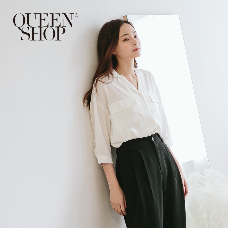 Ｑｕｅｅｎ Ｓｈｏｐ【01023358】雙口袋七分袖雪紡襯衫 兩色售＊現+預＊