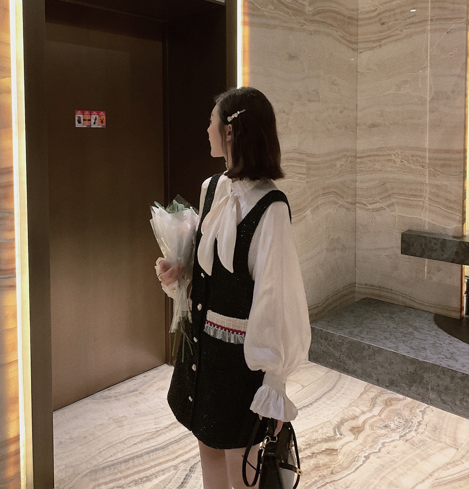 VK旗艦店 韓國風優雅黑白拼色粗花呢背心氣質無袖洋裝