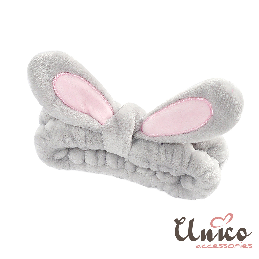 UNICO 大人小孩通用 舒適柔軟兔耳朵洗臉髮帶-灰色