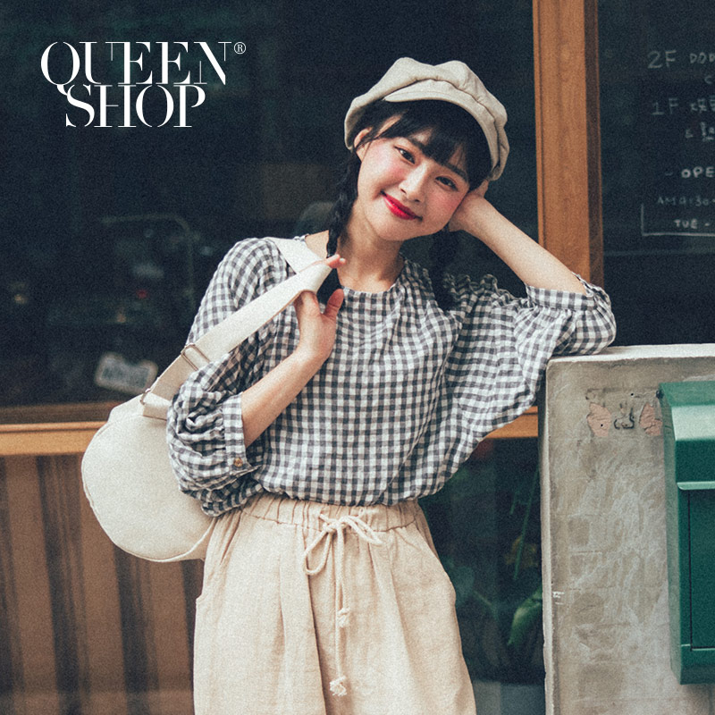 Ｑｕｅｅｎ Ｓｈｏｐ【01120210 】 配色格紋七分袖上衣＊現+預＊