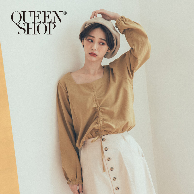 Ｑｕｅｅｎ Ｓｈｏｐ【01096400】抽繩方領寬袖上衣 兩色售＊現+預＊