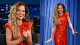 ...Rita Ora Embraces Futuristic Flairs in Red Sportmax Dress With Sharp Shoulders for ‘Jimmy Fallon’ Appearance, Talks ‘Descendants...