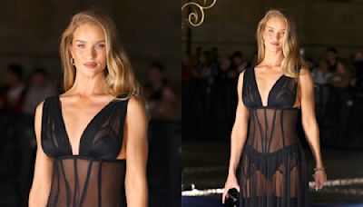 Rosie Huntington-Whiteley Channels the Sheer Trend in Corseted Little Black Dress and Lingerie at Dolce & Gabbana 40th Anniversary Party