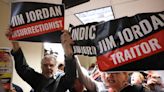 Protesters shout at Jim Jordan outside of House hearing in New York City on Alvin Bragg