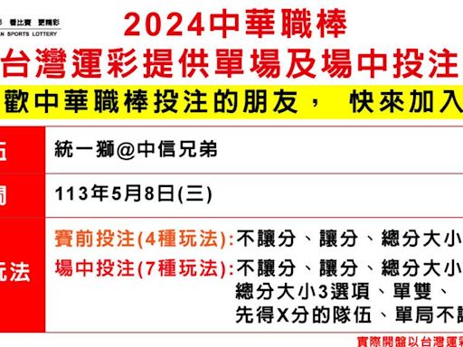 2024 中華職棒賽季 台灣運彩8日首次開出職棒單場及場中投注