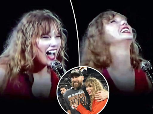 Giddy Taylor Swift giggles over lyric about ‘dating the boy on the football team’ amid Travis Kelce romance