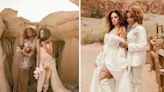 2 brides wore custom outfits to their desert elopement and had a wardrobe change for a photo shoot on horses