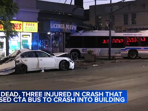 CTA bus crashes into building after sedan runs red light; 1 killed, 3 hurt, Chicago police say
