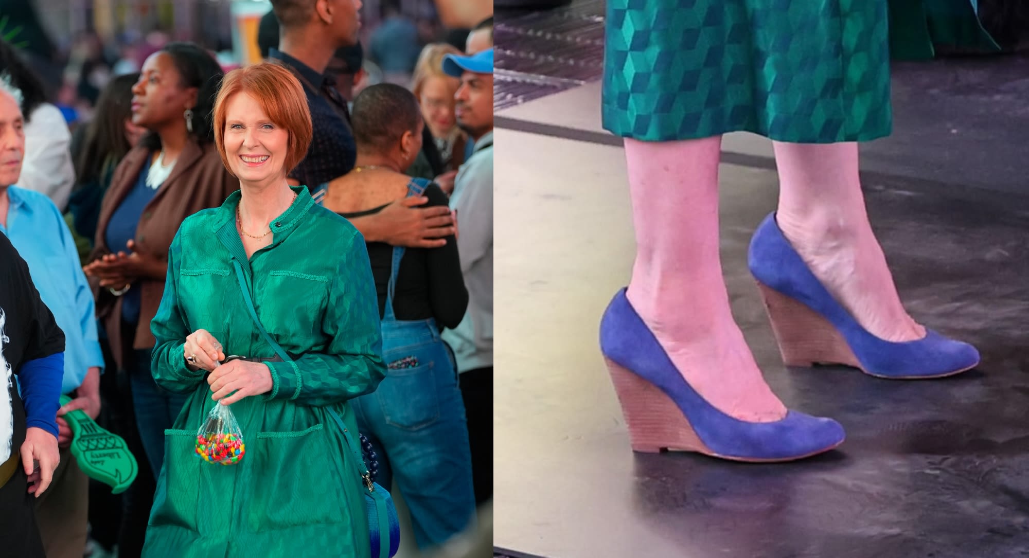 Cynthia Nixon Films ‘And Just Like That’ in Flirty Blue Suede Wedges with Rosie O’Donnell in New York