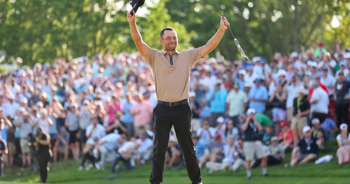 Xander Schauffele of the United States celebrates after winning on the 18th green during the final round of the 2024 PGA Championship at Valhalla Golf Club on May 19, 2024, in Louisville...