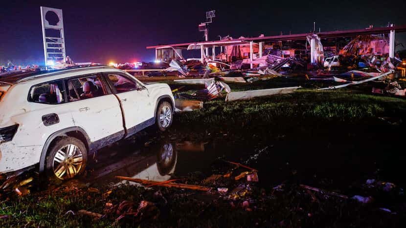 Photos: Heavy damage seen at gas station in Valley View, Texas after a suspected tornado