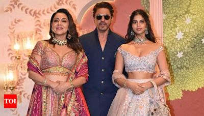 Shah Rukh Khan strikes a royal pose with his lovely ladies, wife Gauri and daughter Suhana at Anant Ambani and Radhika Merchant's Shubh Aashirwad ceremony - See...