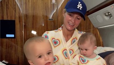 Paris Hilton Twins with Son Phoenix and Daughter London in Matching Pajamas Aboard Private Jet