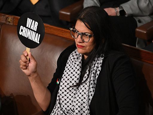 Rashida Tlaib ripped for holding 'war criminal' sign during Netanyahu’s speech: 'Absolute disgrace'