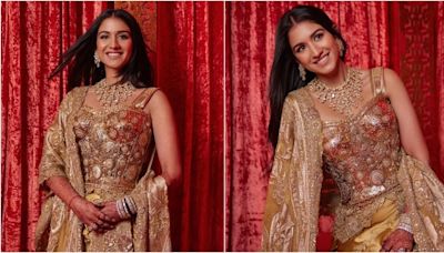 Anant Ambani reception: Radhika Merchant dazzles in glamorous gold ensemble by Dolce & Gabbana, Anamika Khanna
