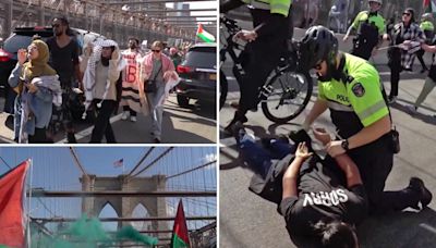 Hundreds of anti-Israeli protesters — some chanting ‘death to America’ while burning US flags — storm Brooklyn Bridge