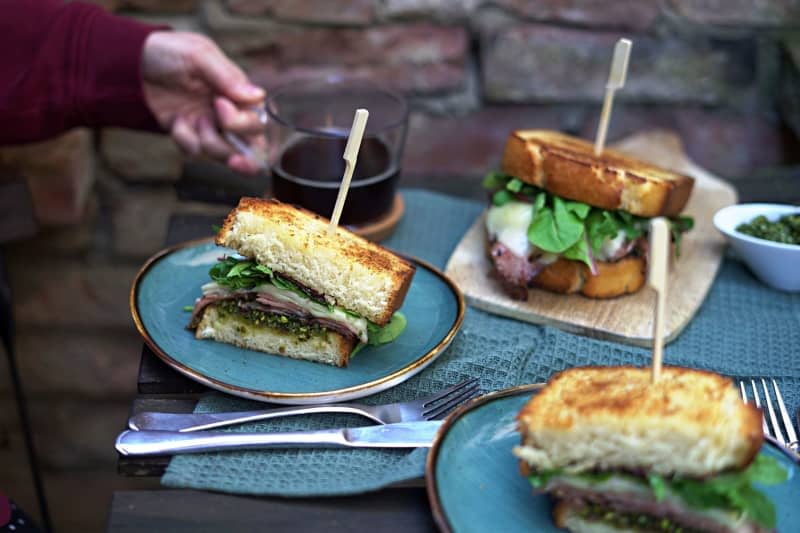 Savoury start: Mortadella breakfast burger with pistachio basil pesto