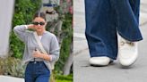 Lucy Hale Takes a Walk in Preppy White and Gold Loafers in Los Angeles
