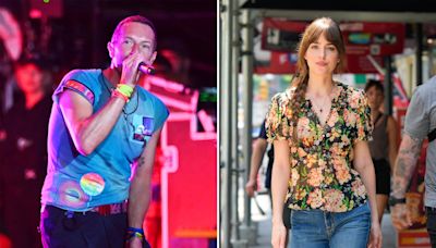 Dakota Johnson Watches Fiance Chris Martin’s Coldplay Perform at Glastonbury With His 2 Kids