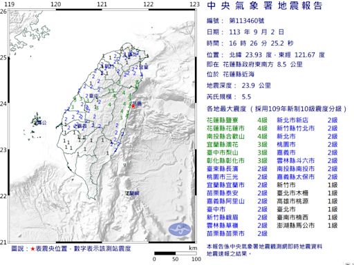 地震！16:26 花蓮規模5.5 最大震度4級 氣象署：0403餘震