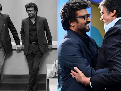 Amitabh Bachchan, Rajinikanth reunite on the sets of Vettaiyan; strike poses in sleek stylish suits. See photos