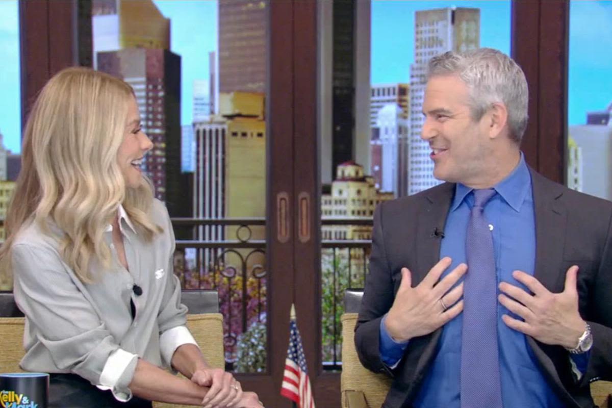 Andy Cohen raves about Mark Consuelos' tight t-shirts while guest-hosting 'Live' with Kelly Ripa: "I can see mark's boobs"